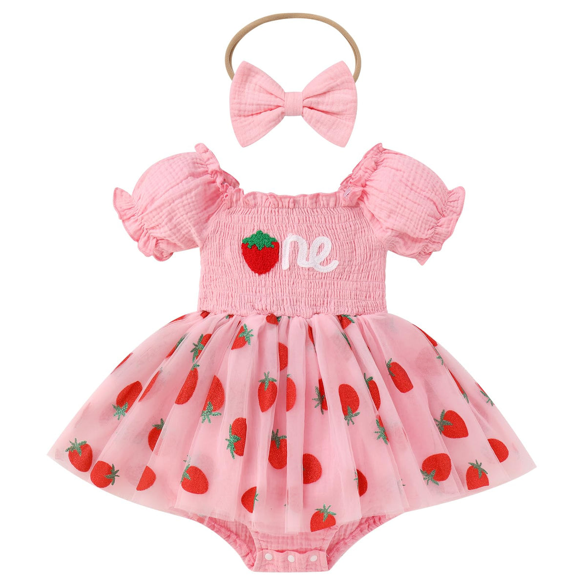 IMEKIS Baby Girl Half 1st Birthday Outfit Romper Dress Headband Strawberry Smocked Dress Cake Smash Photo Shoot