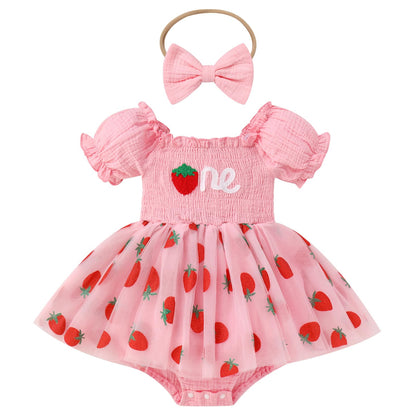 IMEKIS Baby Girl Half 1st Birthday Outfit Romper Dress Headband Strawberry Smocked Dress Cake Smash Photo Shoot