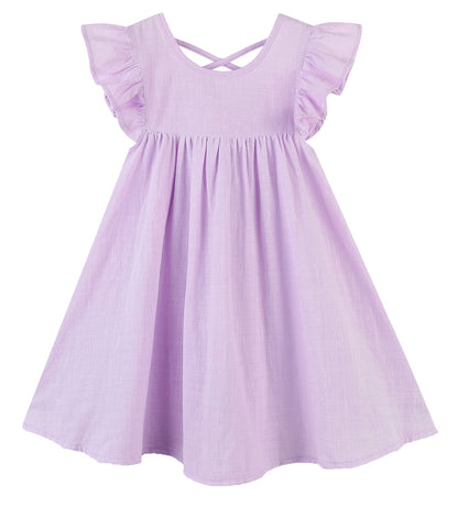 GSVIBK Girls Linen Cotton Dress Flutter Sleeve Back Cross Dress Toddler A-Line Skater Dress Baby Girl Halter Casual Sundress