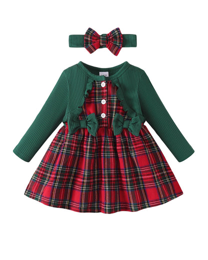 Renotemy Baby Girl Dress Fall Button Bow Outfits Toddler Clothes 3M-3T