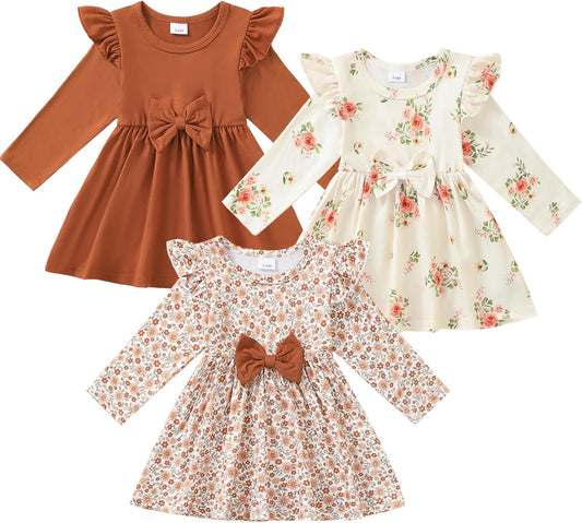 3-Pack Toddler Baby Girl Bow Long Sleeve Dress Cute Outfit Clothes