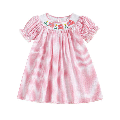 Toddler Little Baby Girl 4th of July Dress Puff Short Sleeve Stripes Smocked Dresses Kids Fourth of July Outfit