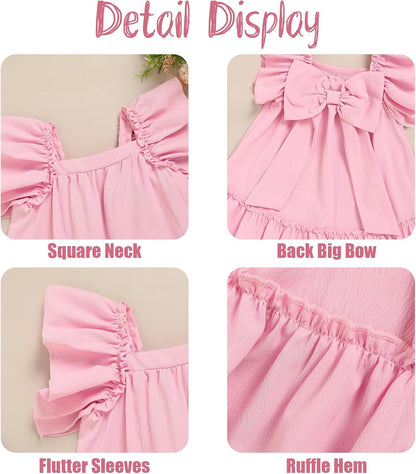 Toddler Girl Flutter Sleeve Dress, Back Bow Wrinkle Resistant Casual Outfit