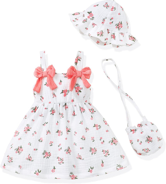 Renotemy Infant Baby Girl Dresses Summer Outfits Casual Cotton Linen Sundress with Hat Toddler Clothes for Girls 3Months-3T