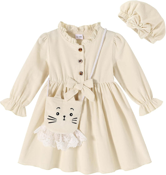 Happy Town Toddler Fall Dress Baby Girls Long Sleeve Bowknot Dresses Kids Winter Casual Outfits with Hat and Bag