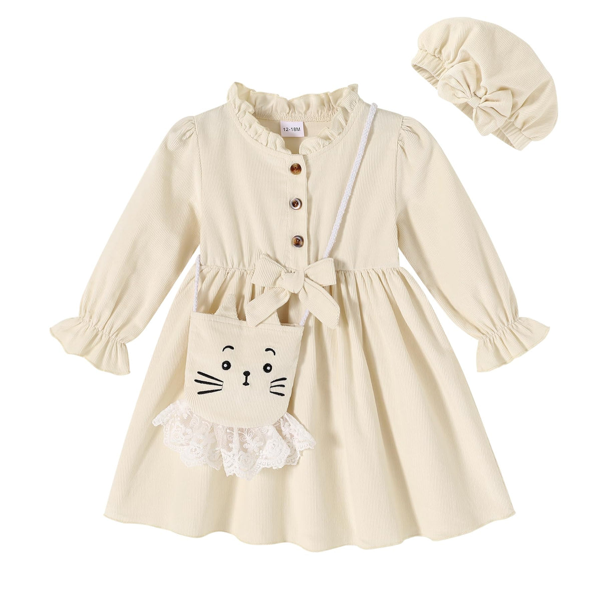 Happy Town Toddler Fall Dress Baby Girls Long Sleeve Bowknot Dresses Kids Winter Casual Outfits with Hat and Bag