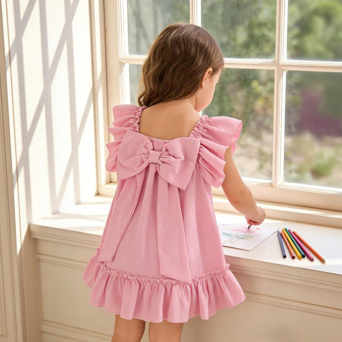 Toddler Girl Flutter Sleeve Dress, Back Bow Wrinkle Resistant Casual Outfit
