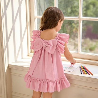 Toddler Girl Flutter Sleeve Dress, Back Bow Wrinkle Resistant Casual Outfit