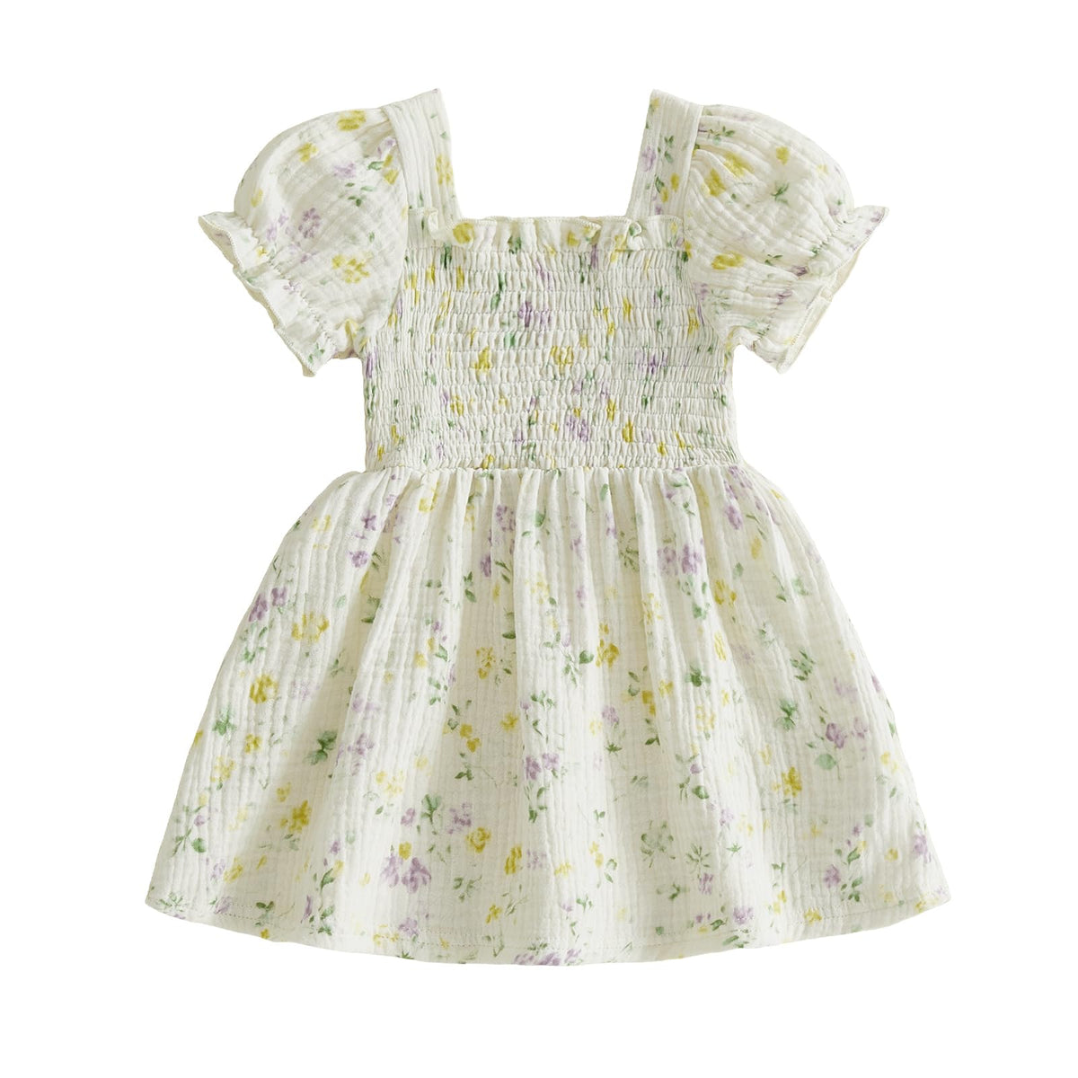 Baby Girl Floral Dress Toddler Rose Outfit Short Puff Sleeve Cotton Linen Smocked Ruffle Dresses Summer Clothes