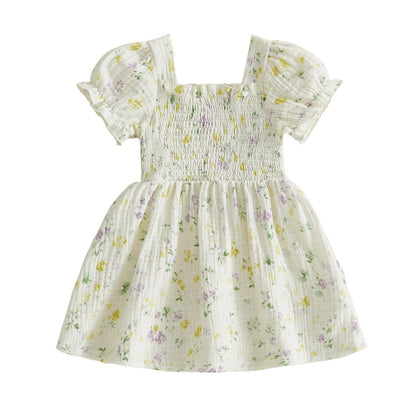 Baby Girl Floral Dress Toddler Rose Outfit Short Puff Sleeve Cotton Linen Smocked Ruffle Dresses Summer Clothes