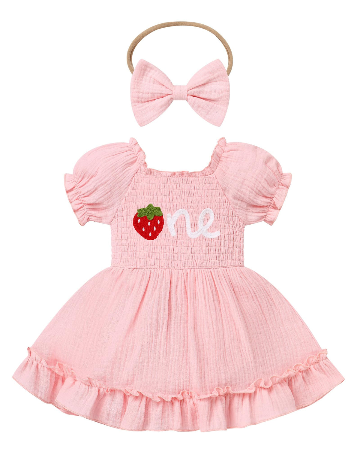 IMEKIS Baby Girl Half 1st Birthday Outfit Romper Dress Headband Strawberry Smocked Dress Cake Smash Photo Shoot
