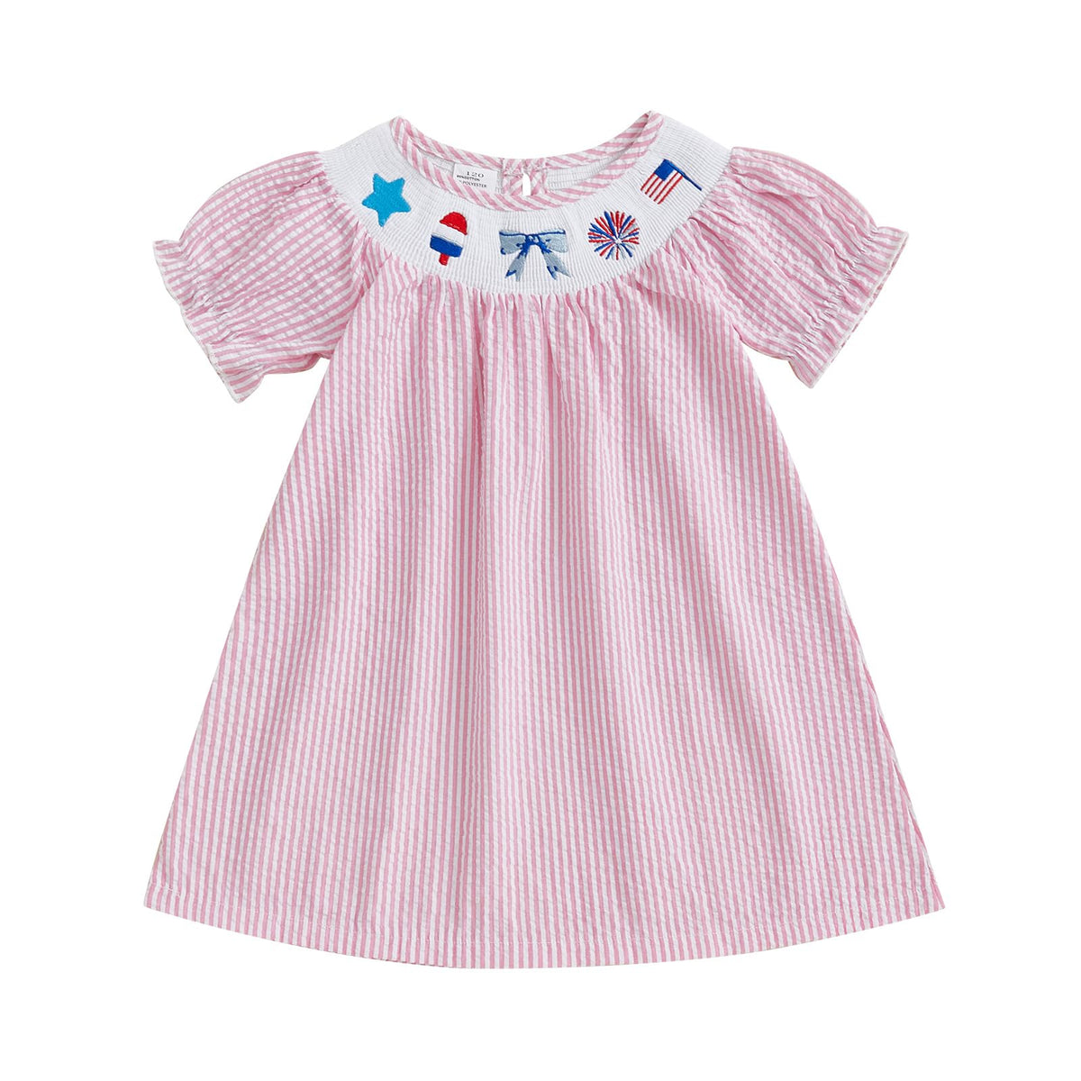 Toddler Little Baby Girl 4th of July Dress Puff Short Sleeve Stripes Smocked Dresses Kids Fourth of July Outfit