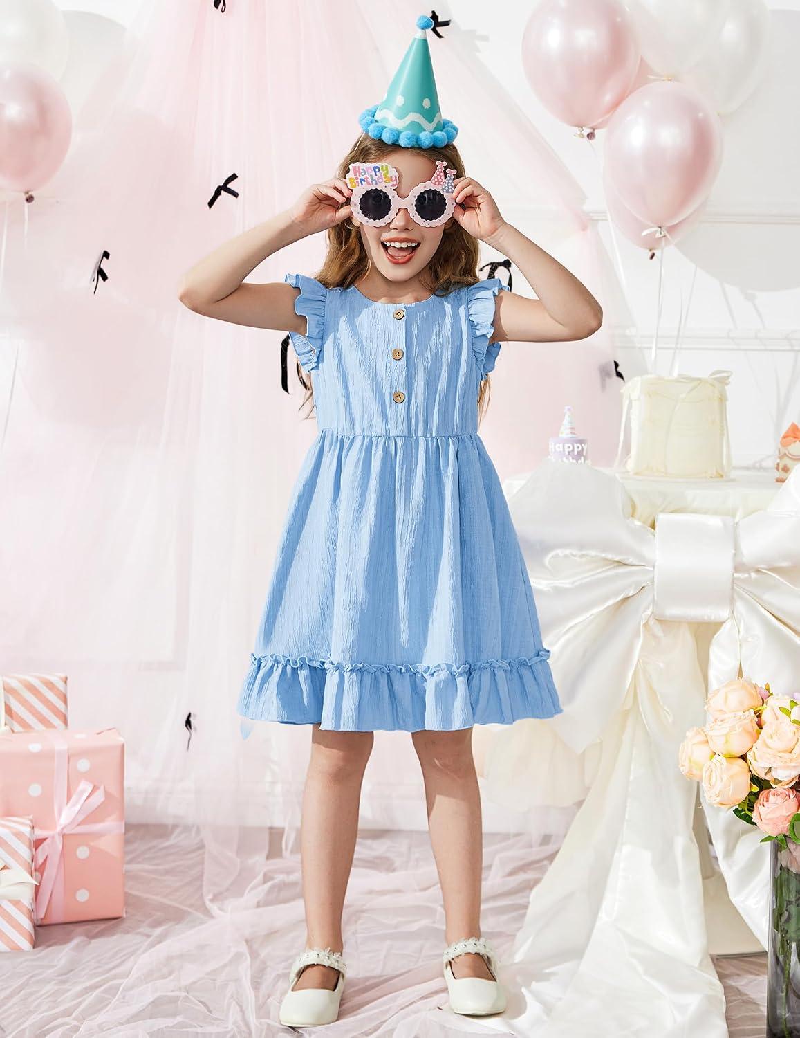 Arshiner Toddler Girls Dress Ruffle Sleeveless Button Down Dresses Summer Beach Casual Sundress with Pocket for 1-7Y