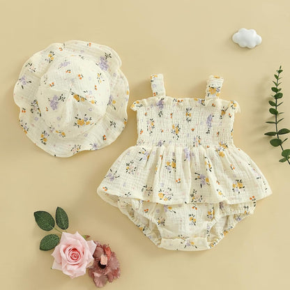 Mubineo Baby Girl Clothes Summer Dress Cotton Linen Romper Sleeveless Smocked Rompers Sun Dress Hat Skirt Boho Outfits