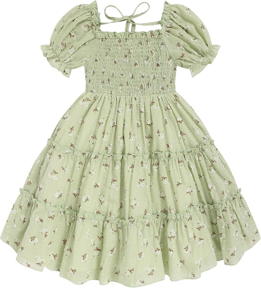 Toddler Girl Dress Short Sleeve Kids Floral Smocked Square Neck Beach Sundress | Summer Fashion Dresses 2-7Y