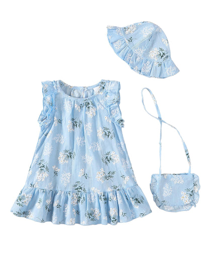 SODLON Baby Girl Dress Summer Clothes Infant Floral Boho Dresses Ruffle Linen Toddler Girls Casual Sundress with Hat and Bag