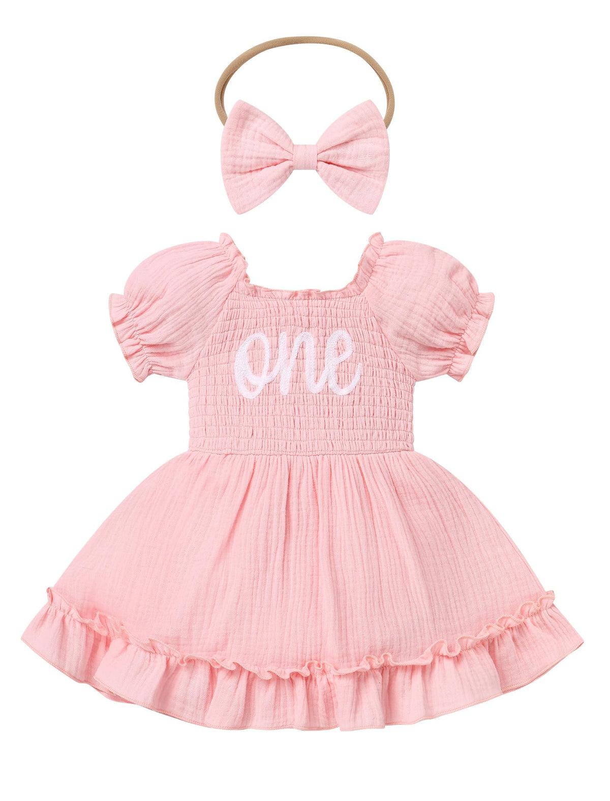 IMEKIS Baby Girl Half 1st Birthday Outfit Romper Dress Headband Strawberry Smocked Dress Cake Smash Photo Shoot
