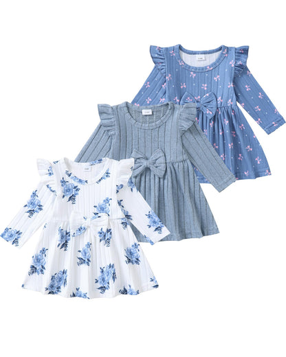 Toddler Baby Girl Dress Clothes 3 Pack Bow Fly Sleeve Summer Dress