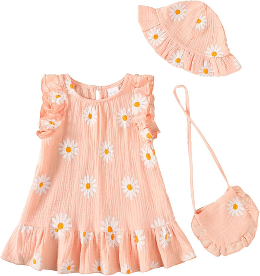 SODLON Baby Girl Dress Summer Clothes Infant Floral Boho Dresses Ruffle Linen Toddler Girls Casual Sundress with Hat and Bag