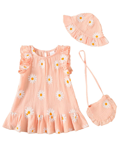 SODLON Baby Girl Dress Summer Clothes Infant Floral Boho Dresses Ruffle Linen Toddler Girls Casual Sundress with Hat and Bag
