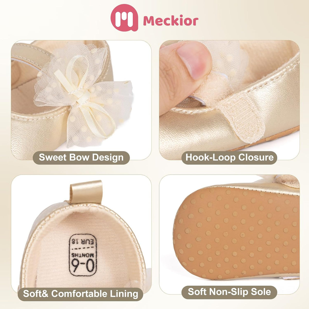 Meckior Infant Baby Girls Soft Sole Bowknot Princess Wedding Dress Mary Jane Flats Prewalker Newborn Light Baby Sneaker Shoes