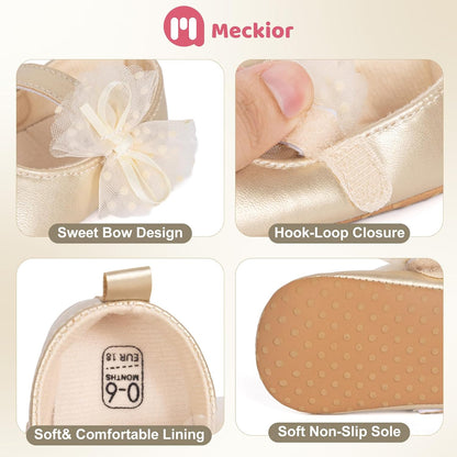 Meckior Infant Baby Girls Soft Sole Bowknot Princess Wedding Dress Mary Jane Flats Prewalker Newborn Light Baby Sneaker Shoes