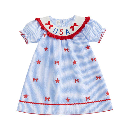 Toddler Little Baby Girl 4th of July Dress Puff Short Sleeve Stripes Smocked Dresses Kids Fourth of July Outfit