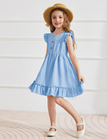 Arshiner Toddler Girls Dress Ruffle Sleeveless Button Down Dresses Summer Beach Casual Sundress with Pocket for 1-7Y