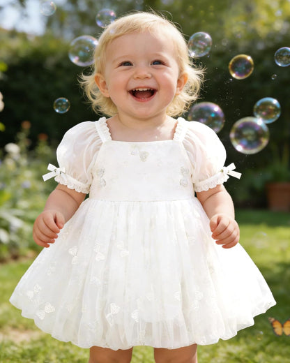 YALLET Baby Girl Dress Embroidery Tulle 1st Birthday Girl Outfit Puff Sleeve Lace Tulle Romper Newborn Dress for 0-24 Months