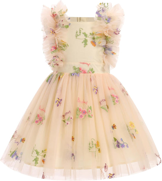 Girls Birthday Party Dress Ruffle Sleeve Sequin Dots Floral Tulle Princess Wedding Pageant Formal Bance Gown