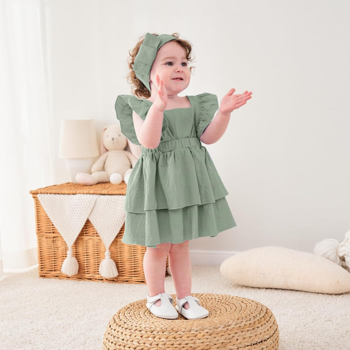 Baby Girls Dresses Sleeveless Ruffle Toddler Dresses for Girls with Headband Summer Casual Party Backless Sundress