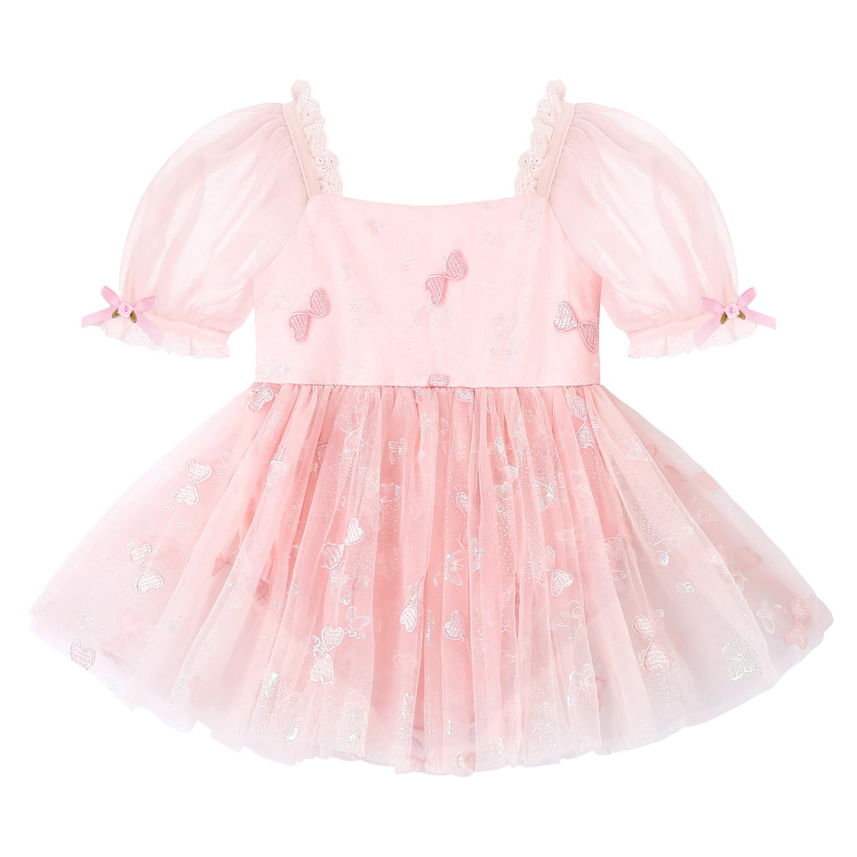 YALLET Baby Girl Dress Embroidery Tulle 1st Birthday Girl Outfit Puff Sleeve Lace Tulle Romper Newborn Dress for 0-24 Months