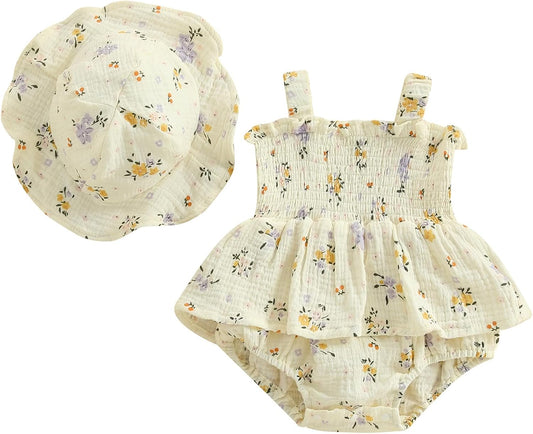 Mubineo Baby Girl Clothes Summer Dress Cotton Linen Romper Sleeveless Smocked Rompers Sun Dress Hat Skirt Boho Outfits