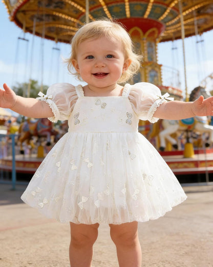 YALLET Baby Girl Dress Embroidery Tulle 1st Birthday Girl Outfit Puff Sleeve Lace Tulle Romper Newborn Dress for 0-24 Months