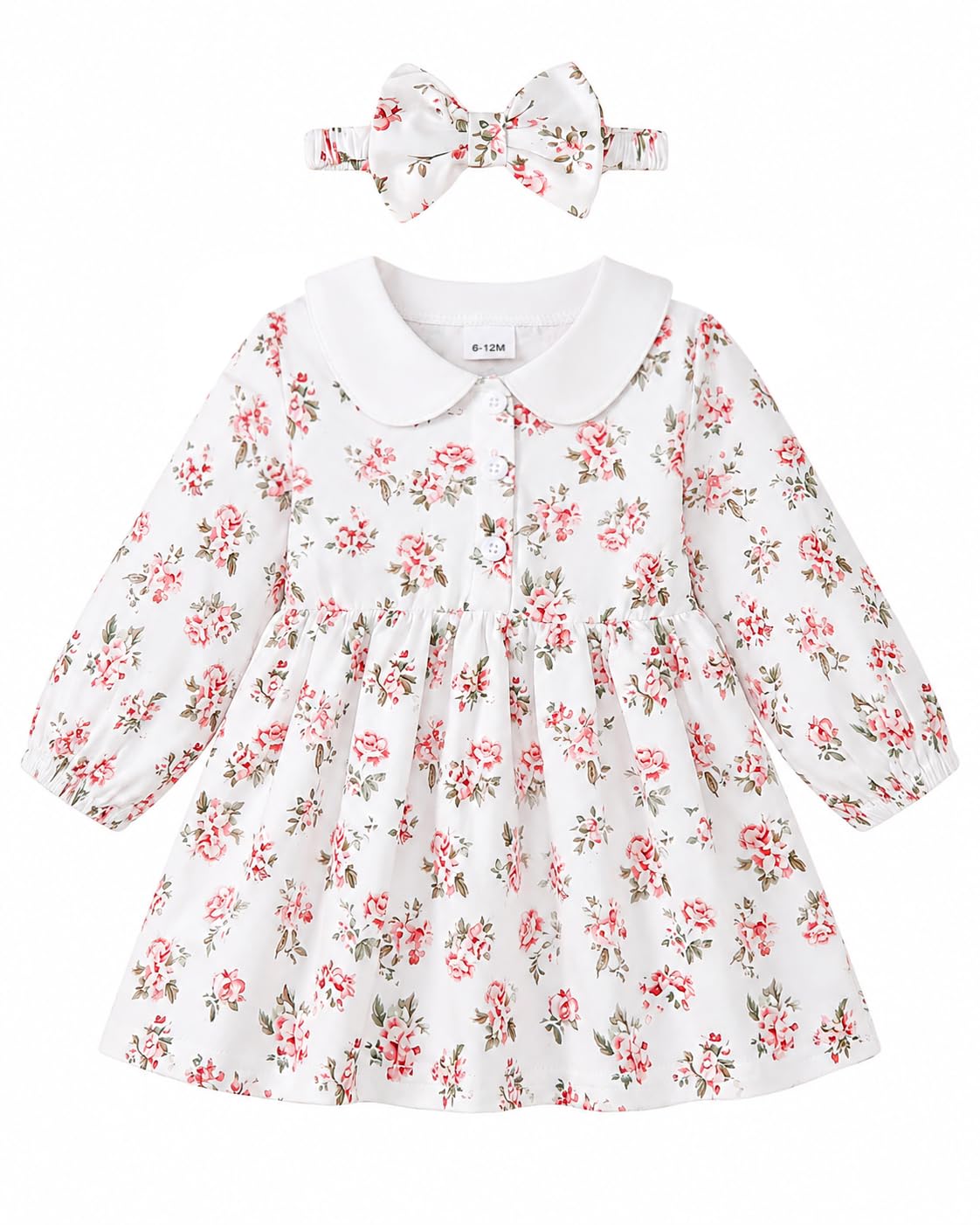 Renotemy Baby Girl Dress Fall Button Peter Pan Collar Floral Dresses 3M-3T