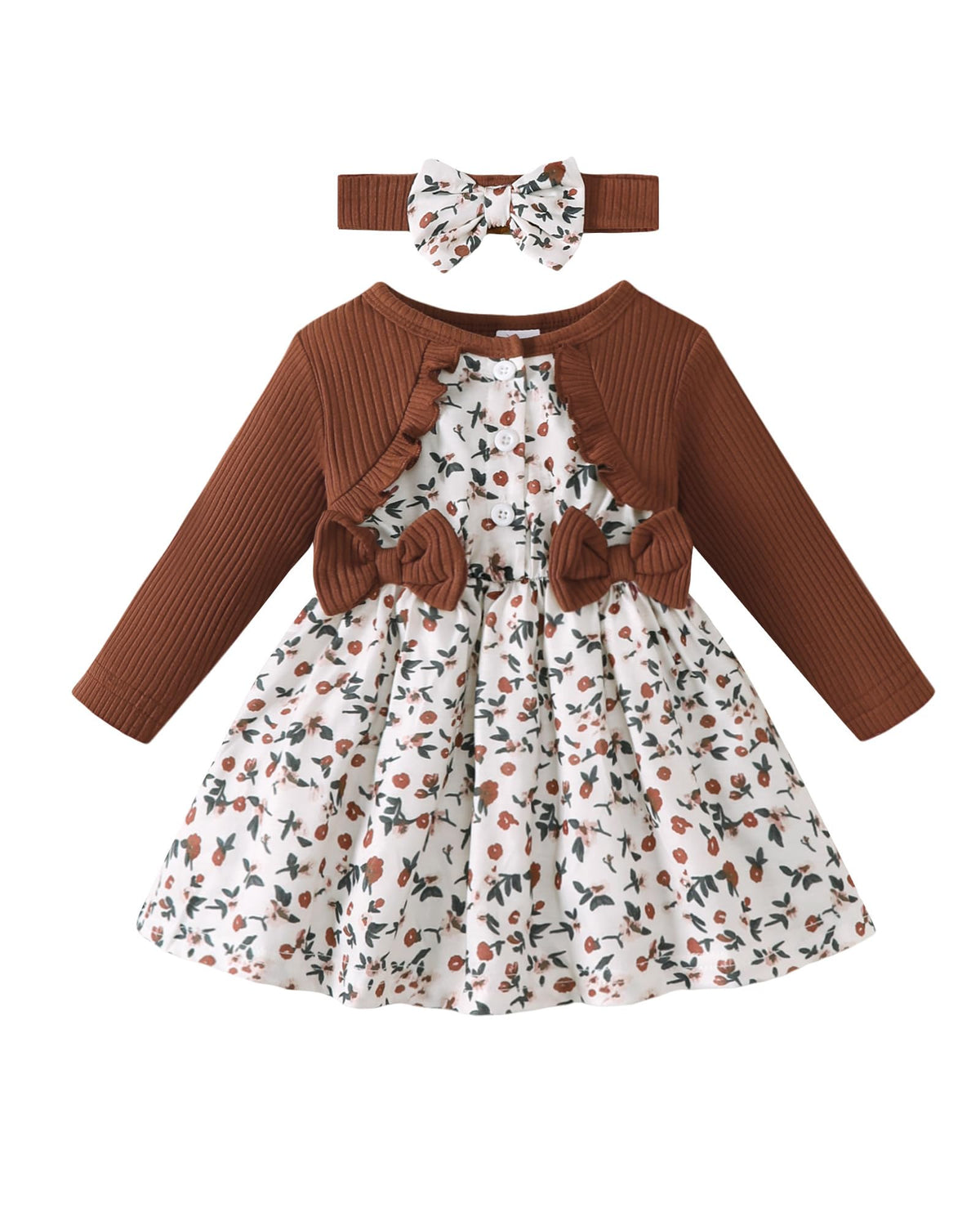 Renotemy Baby Girl Dress Fall Button Bow Outfits Toddler Clothes 3M-3T