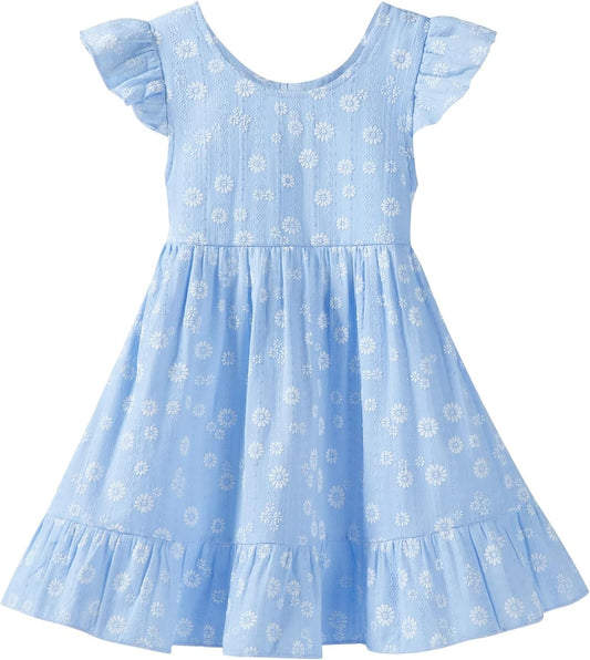 Toddler Girls Backless Cotton Floral Dress, Ruffle Flutter Sleeve,18M-6Y