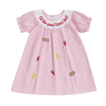 Toddler Little Baby Girl 4th of July Dress Puff Short Sleeve Stripes Smocked Dresses Kids Fourth of July Outfit