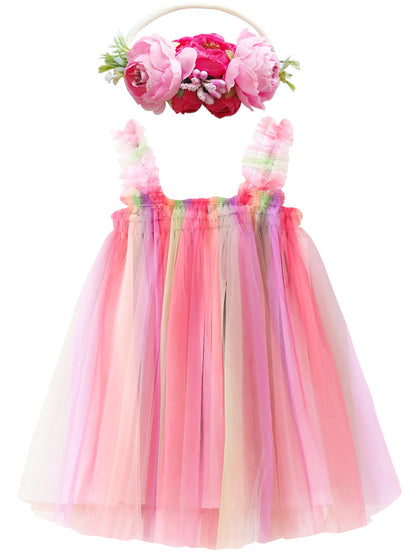 BGFKS Layered Tulle Tutu Dress for Toddler Girls,Baby Girl Rainbow Tutu Princess Skirt Set with Flower Headband.