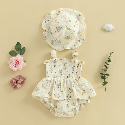 Mubineo Baby Girl Clothes Summer Dress Cotton Linen Romper Sleeveless Smocked Rompers Sun Dress Hat Skirt Boho Outfits