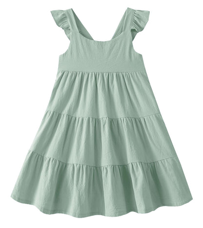 GSVIBK Girls Linen Cotton Dress Flutter Sleeve Back Cross Dress Toddler A-Line Skater Dress Baby Girl Halter Casual Sundress