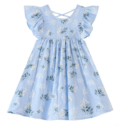 GSVIBK Girls Linen Cotton Dress Flutter Sleeve Back Cross Dress Toddler A-Line Skater Dress Baby Girl Halter Casual Sundress