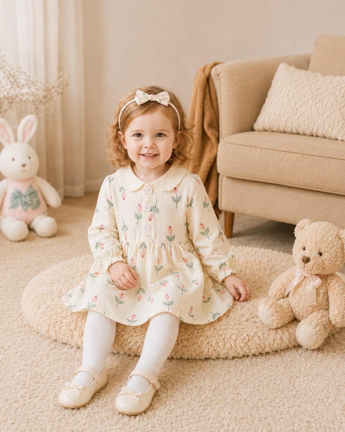 Renotemy Baby Girl Dress Fall Button Peter Pan Collar Floral Dresses 3M-3T