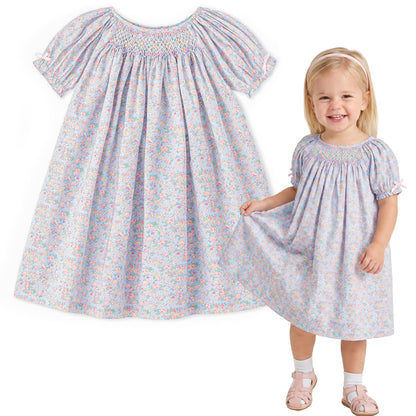 Simplee kids Baby Girl Smocked Dress Summer Casual Short Sleeve Dresses Floral Print Sundress Princess Dress for Toddlers