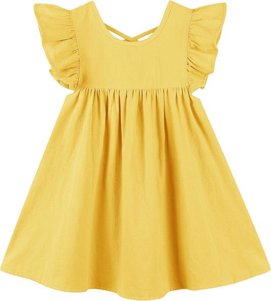 GSVIBK Girls Linen Cotton Dress Flutter Sleeve Back Cross Dress Toddler A-Line Skater Dress Baby Girl Halter Casual Sundress