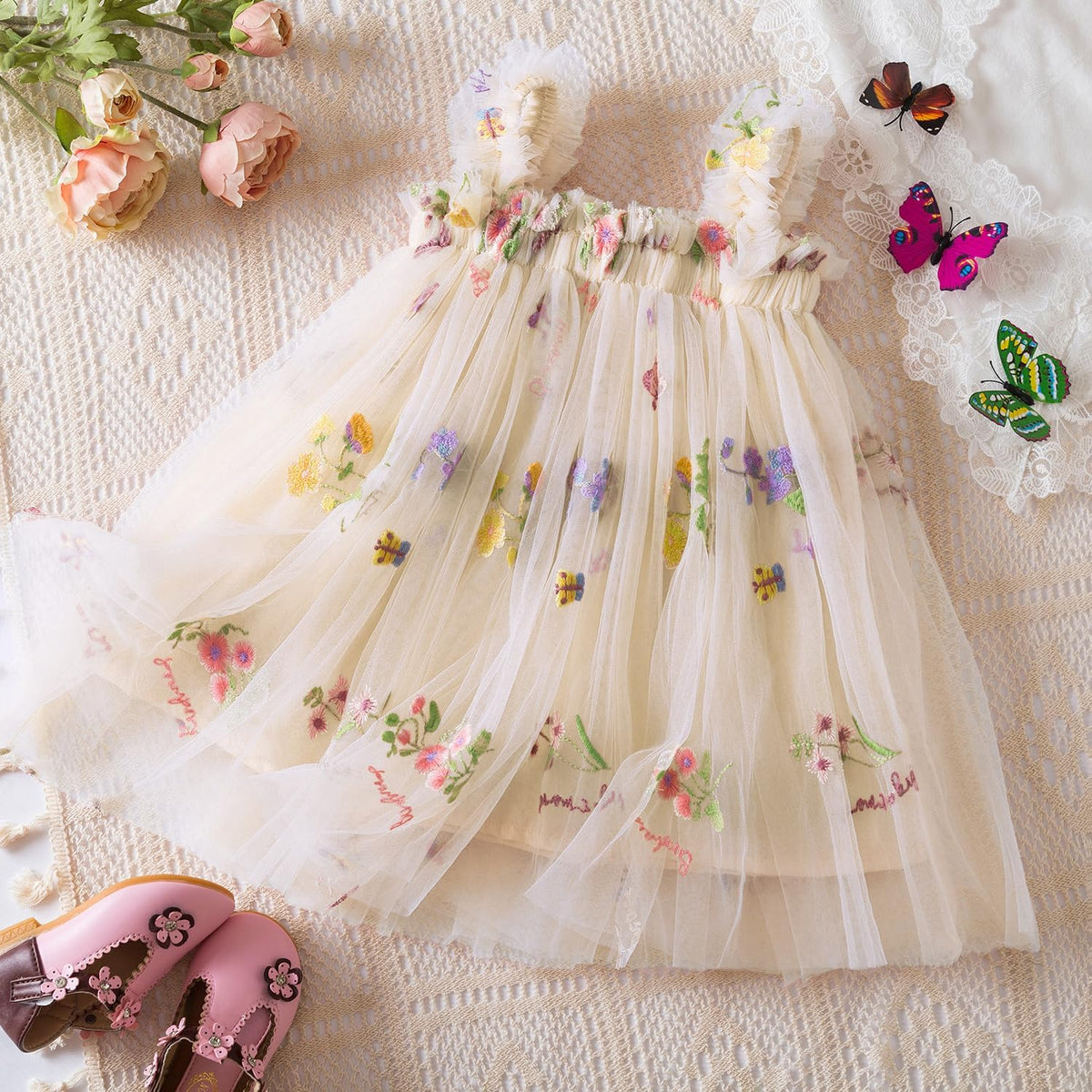 NNJXD Baby Girl Tulle Dress Casual Flower Embroidery Toddler Dresses