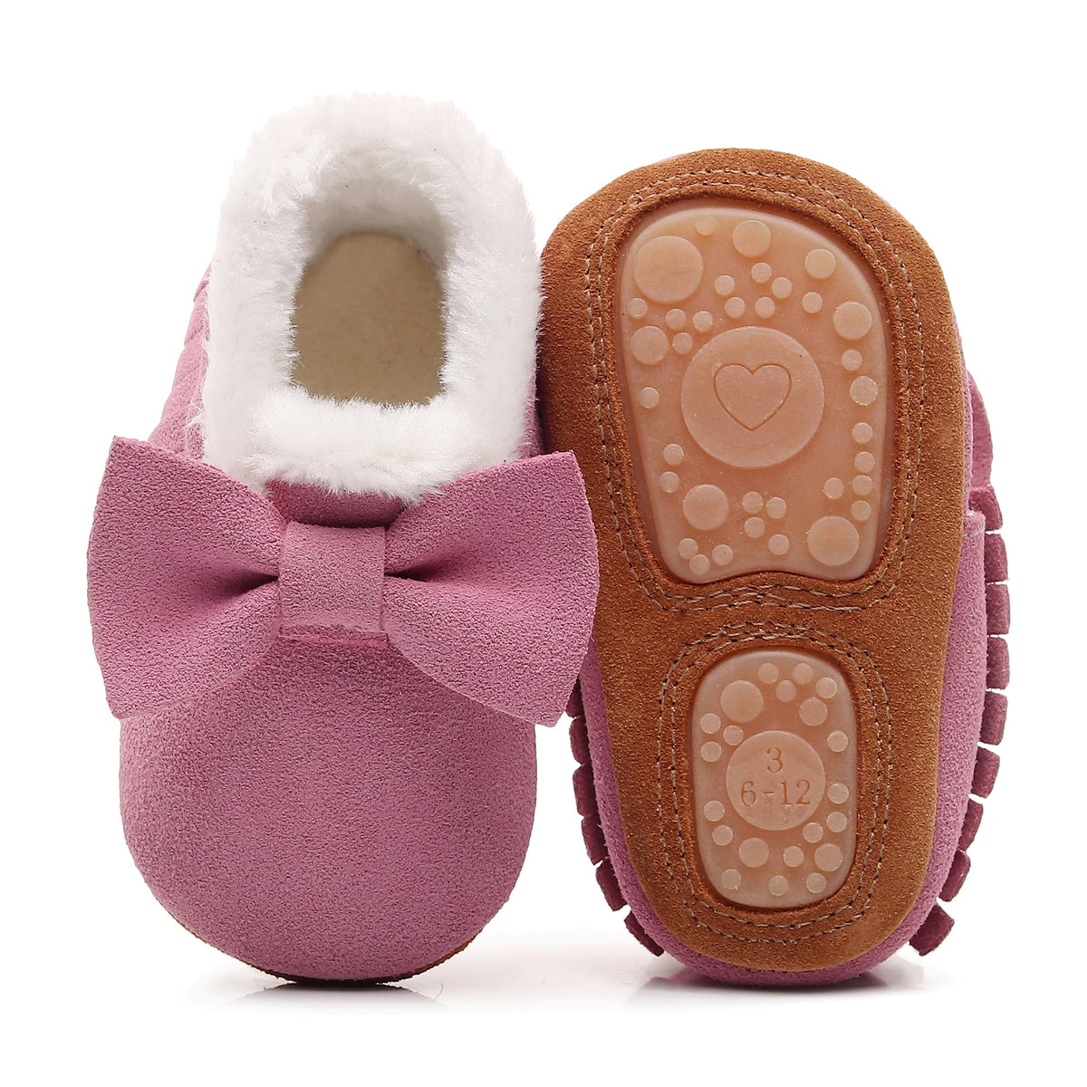 HONGTEYA Baby Moccasins with Fur Fleece Rubber Soles Warm Snow Boots Leather Baby Shoes for Boys Girls