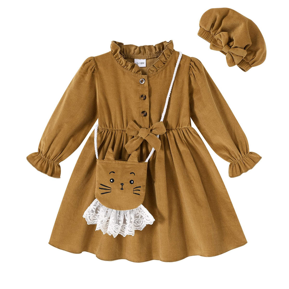 Happy Town Toddler Fall Dress Baby Girls Long Sleeve Bowknot Dresses Kids Winter Casual Outfits with Hat and Bag