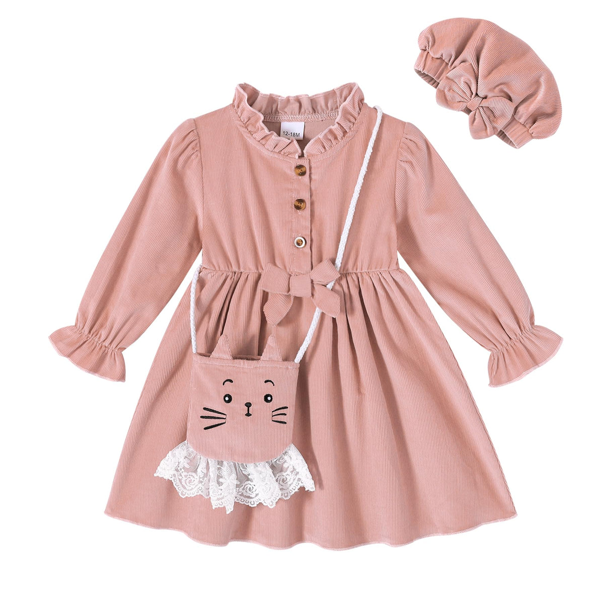 Happy Town Toddler Fall Dress Baby Girls Long Sleeve Bowknot Dresses Kids Winter Casual Outfits with Hat and Bag