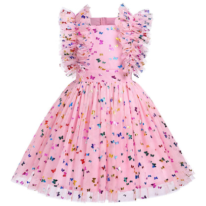 Girls Birthday Party Dress Ruffle Sleeve Sequin Dots Floral Tulle Princess Wedding Pageant Formal Bance Gown